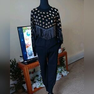Women's Long sleeves Black Sweatsuit Gold Stars Fringe Sweater Jersey Pants S/ M
